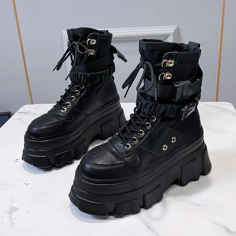 Ddbos Punk Chunky Platform Motorcycle Boots Women Lace-up Thick Bottom Ankle Boots Woman Cool Autumn Winter Gothic Shoes Female