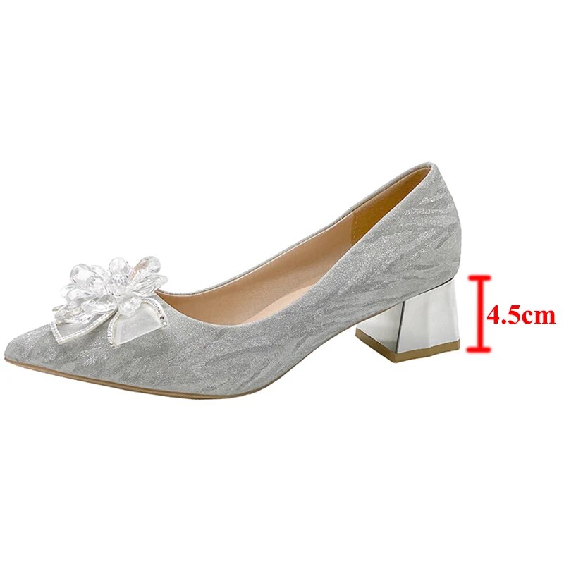 Ddbos Elegant Crystal Flower Bride Shoes Women New Bling Bowknot Med Heels Pumps Woman Slip-on Thick Heels Wedding Shoes