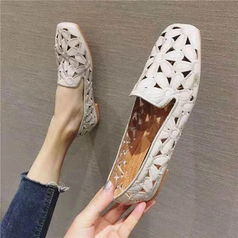 Ddbos Shoes for Women Hot Sale Square Toe  Embroidery Women's Flats Summer Casual Ladies Ballet Shoes Solid Hollow Female Loafers