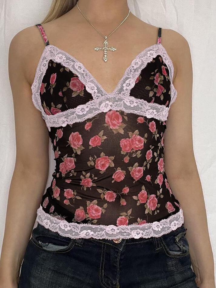 Ddbos - Rose Printed Lace Patchwork Mesh Cami Top