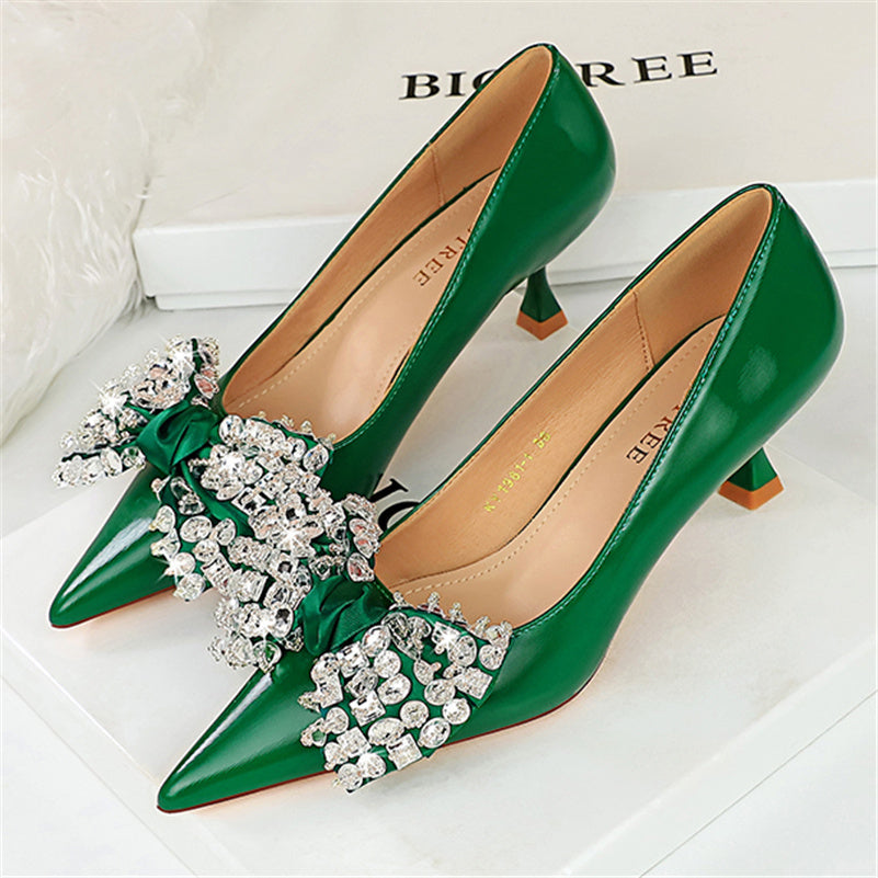 Ddbos Women 5.5cm High Heels Green Pumps Lady Plus Size 34-43 Wedding Middle Low Kitten Heels Bling Crystal Rhinestone Party Bow Shoes