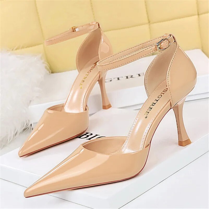 Ddbos Summer Women 8cm High Heels Burgundy Nude Glossy Leather Sandals Gladiator Nightclub Sandles Lady Middle Heels Ankle Strap Shoes