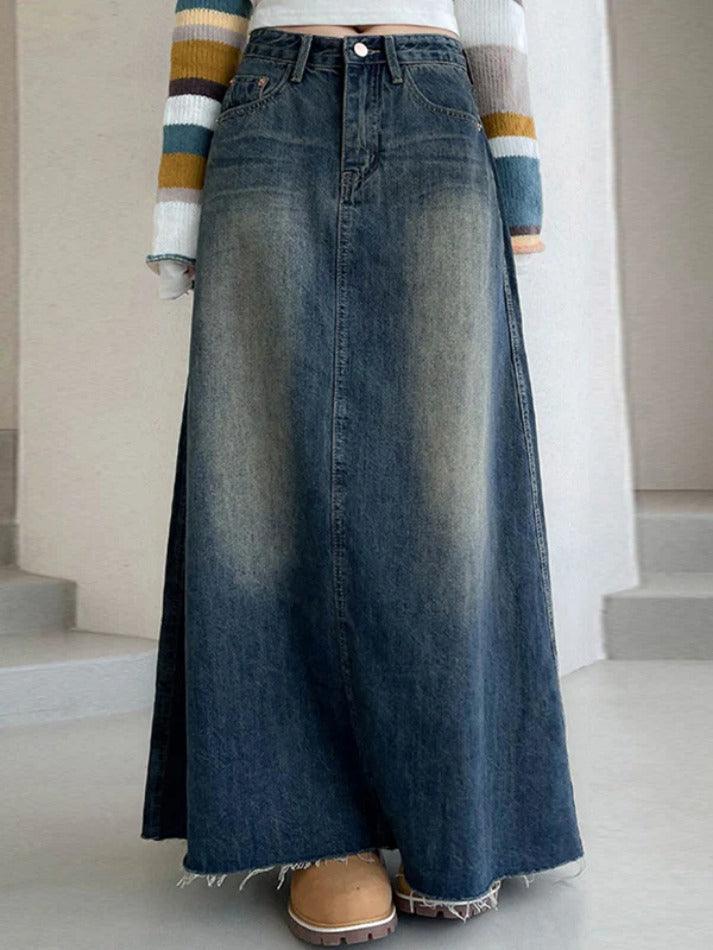 Ddbos - Vintage Washed Denim Maxi Skirt