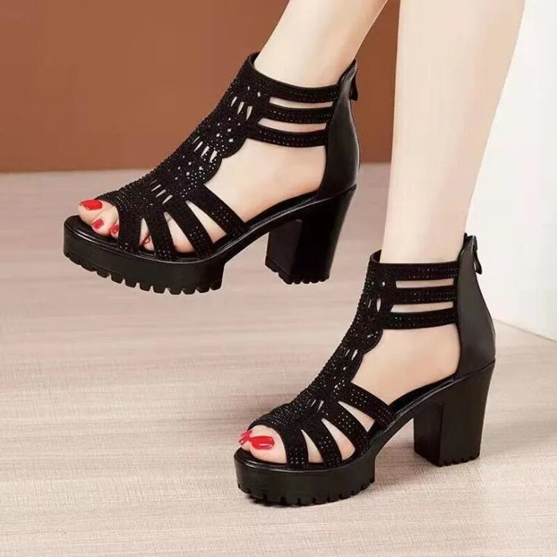 Ddbos High Heels Gladiator Sandals Woman Open Head Sexy Black Rivet Block Heel Platform Shoes Summer Back Zip Size 35-40 Women Sandals