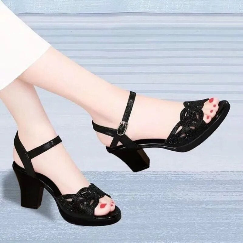 Ddbos New Thick Heel Sandals Women's Summer Fish Mouth Women's Shoes Rhinestone High Heels Women's Black Mother Shoes Women