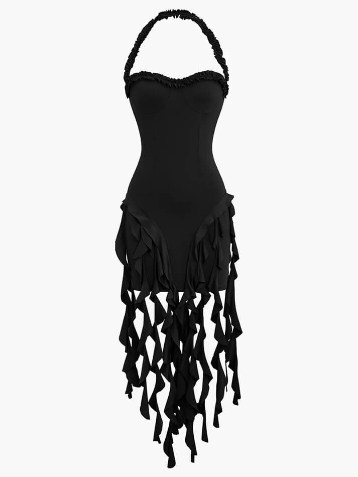 Ddbos - Ruffle Tassel Halter Bustier Mini Dress