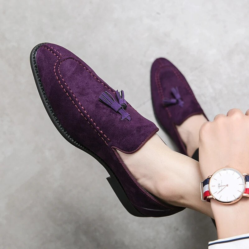 Ddbos Brand Design Men Suede Leather Shoes Moccasins Purple Tassel Pointed Men's Loafers Vintage Slip-on Casual Men Social Dress Shoe