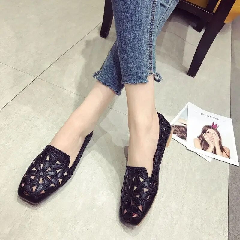 Ddbos Shoes for Women Hot Sale Square Toe  Embroidery Women's Flats Summer Casual Ladies Ballet Shoes Solid Hollow Female Loafers