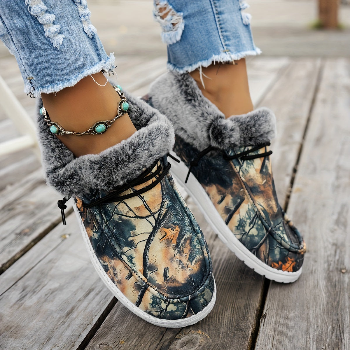 Ddbos 1 Pair Women'S Casual Ankle Boots with Faux Fur Trim, Camouflage Print, Breathable Canvas Fabric, Slip-Resistant, Round Toe, Lace-Up, Flat EVA Sole, Comfortable Work Shoes for All Seasons