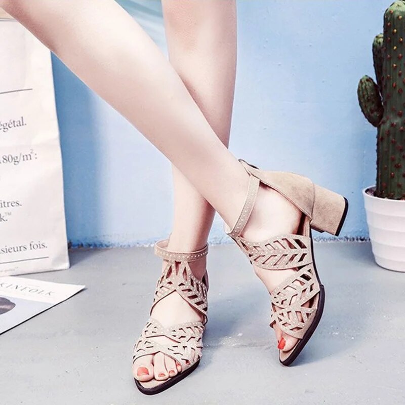 Ddbos New Style Women Summer Rhinestone Hollow Out Faux Leather Thick Heel Zipper Sandals Shoes Sexy Plus Size Ladies Sandals