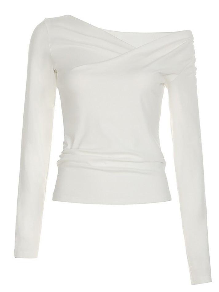 Ddbos - Off-Shoulder Asymmetrical Ruched Solid Long Sleeve Top