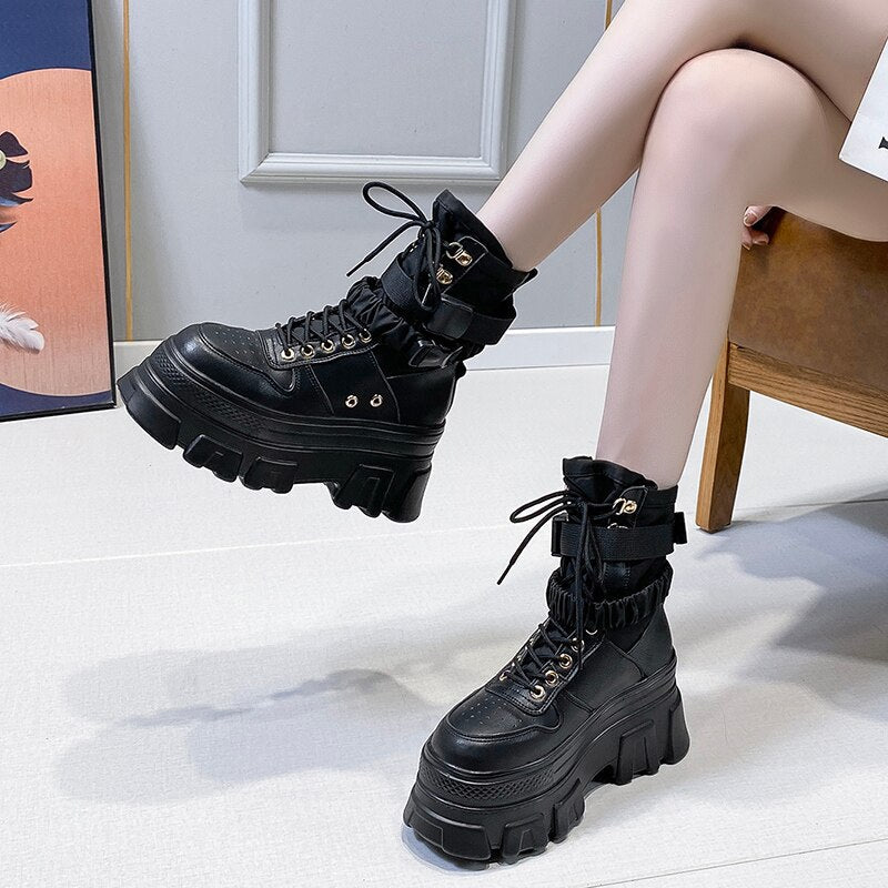 Ddbos Punk Chunky Platform Motorcycle Boots Women Lace-up Thick Bottom Ankle Boots Woman Cool Autumn Winter Gothic Shoes Female