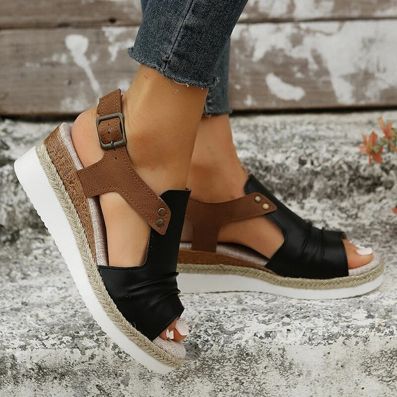 Ddbos Pleated PU Leather Wedge Sandals for Women Back Strap Espadrilles Platform Sandles Woman Summer Thick Bottom Peep Toe Shoes