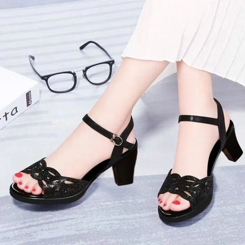 Ddbos New Thick Heel Sandals Women's Summer Fish Mouth Women's Shoes Rhinestone High Heels Women's Black Mother Shoes Women