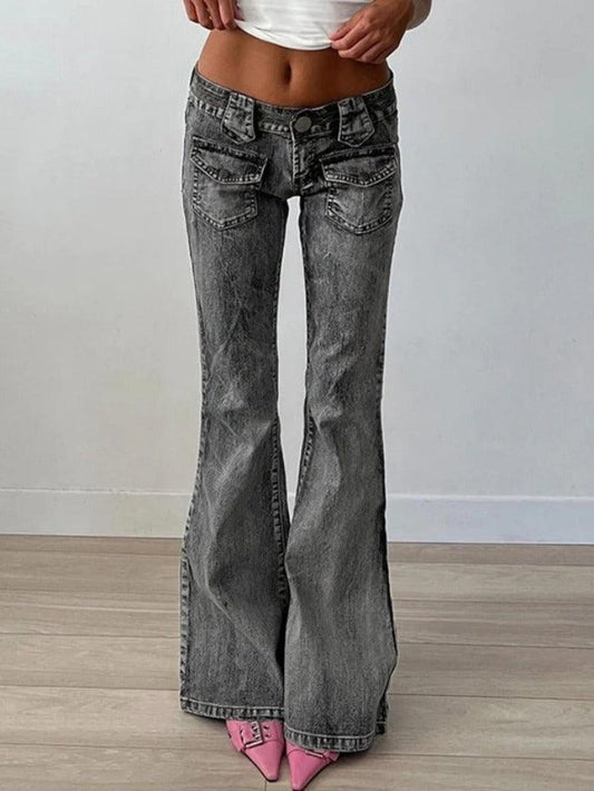 Ddbos - Vintage Distressed Dual Pocket Low Rise Flare Jeans