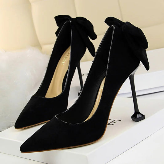 Women 5.5cm 8cm 9.5cm High Heels Patchwork Pumps Lady Cute Middle Low Heels Wedding Bridal Butterfly-Knot Bow Prom Suede Shoes