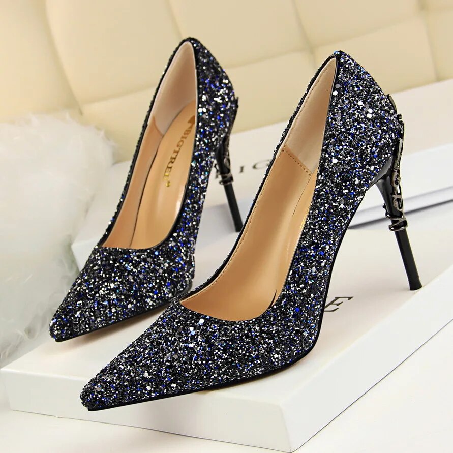 Ddbos Women 9.5cm High Heels Pumps Lady Stiletto Wedding Bridal Gold Silver Heels Nightclub Office Party Sparkly Sequins Bling Shoes