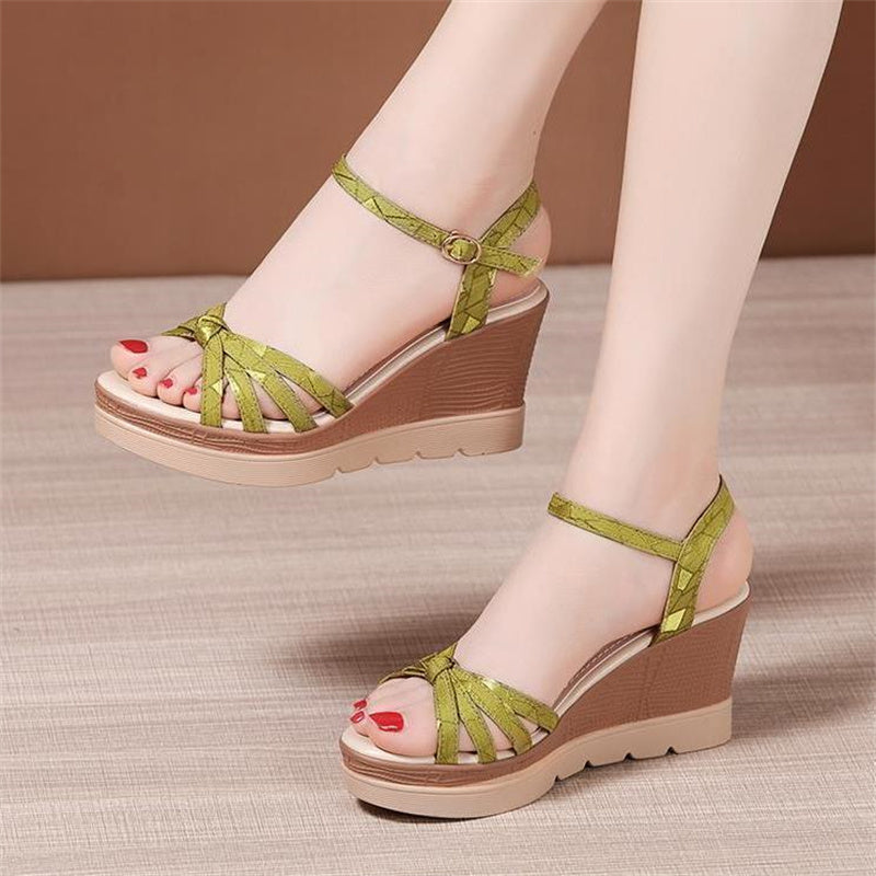 Ddbos Hot Sale Thick Sole Leather Casual Platform Sandals Women Summer High Heels Wedges Shoes for Office Beach Mother