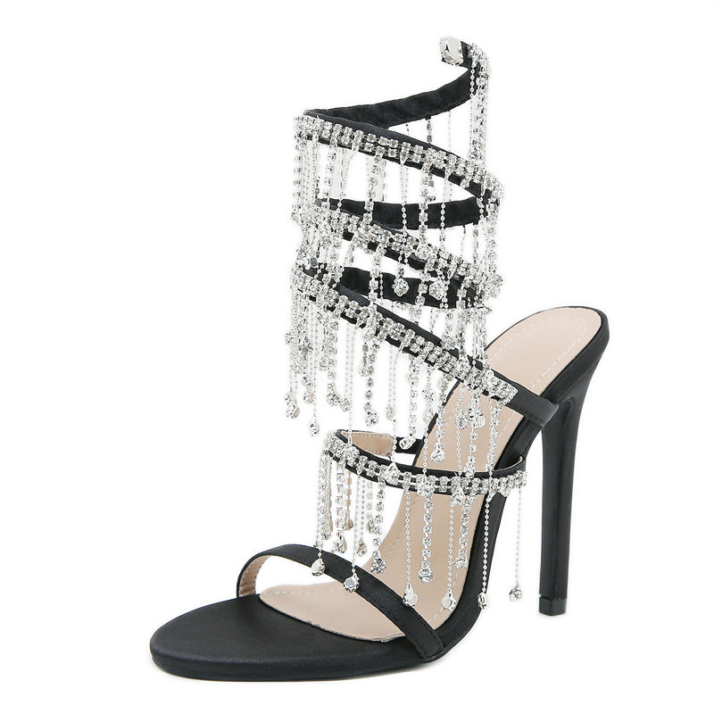 Ddbos Runway Style Glitter Crystal Tassel Snake Coiled Women Sandals Sexy Stiletto High Heels Summer Fashion Party Prom Shoes