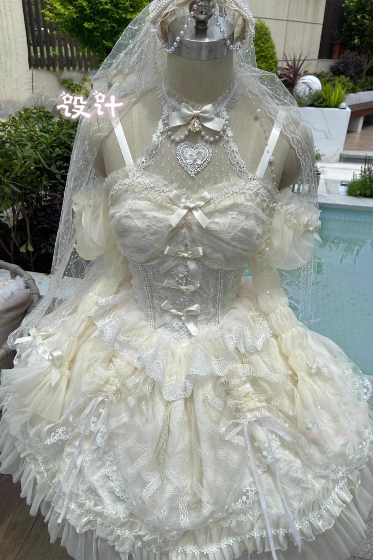 Ddbos - Ivory Ballet Dream Halterneck Ruffle Bowknot Lace Mesh Sweet Lolita Dress