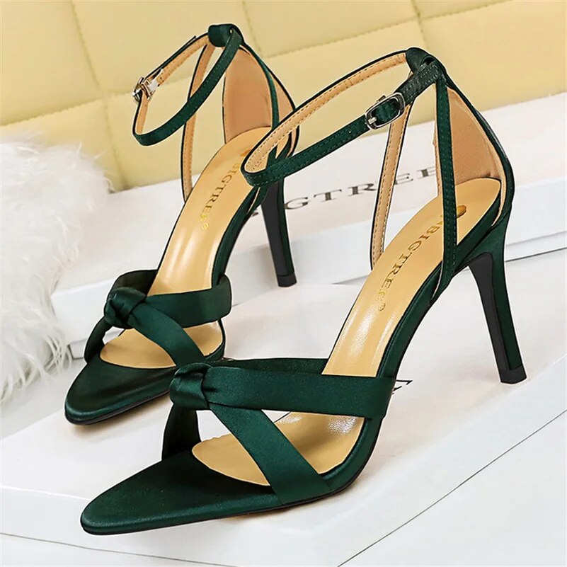 Ddbos New Summer Women 8.5cm 11cm High Heels Sandals Nightclub Stripper Heels Sexy Silk Satin Sandles Party Ankle Strap Open Toe Shoes