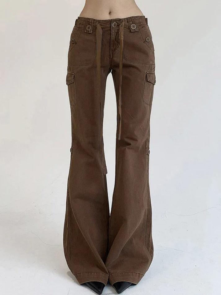 Ddbos - Vintage Brown Button Lace Up Flare Jeans