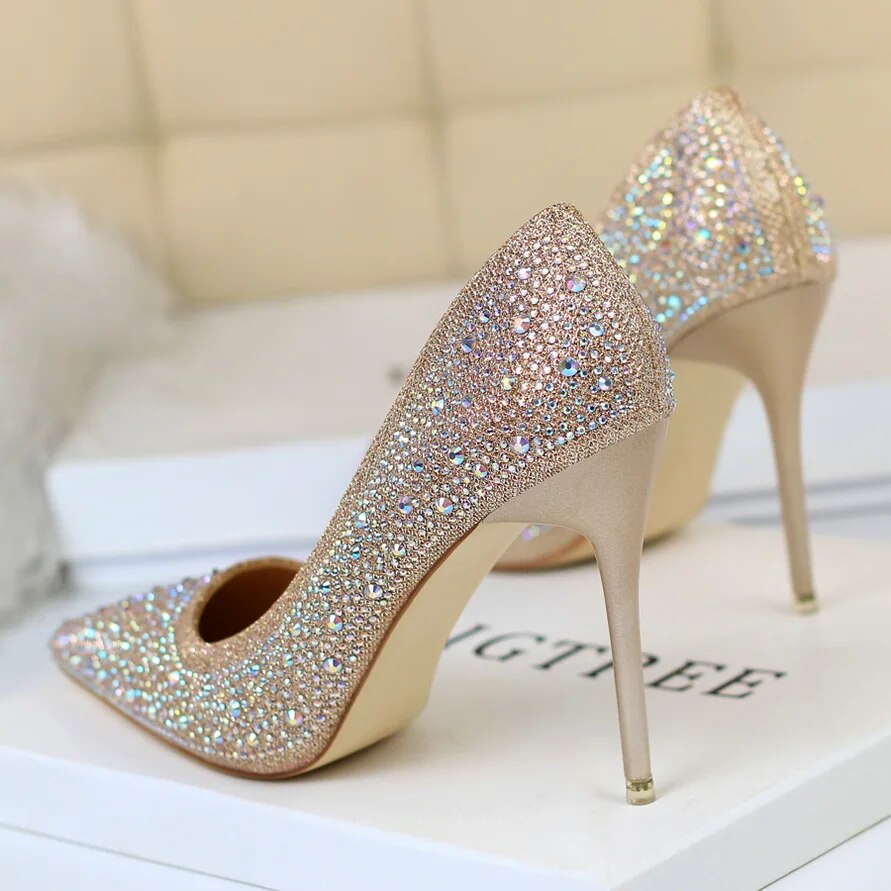 Ddbos Women 10cm High Heels Stripper Bling Scarpins Pumps Lady Stiletto Wedding Bridal Party Fetish Crystal Rhinestone Gold Prom Shoes