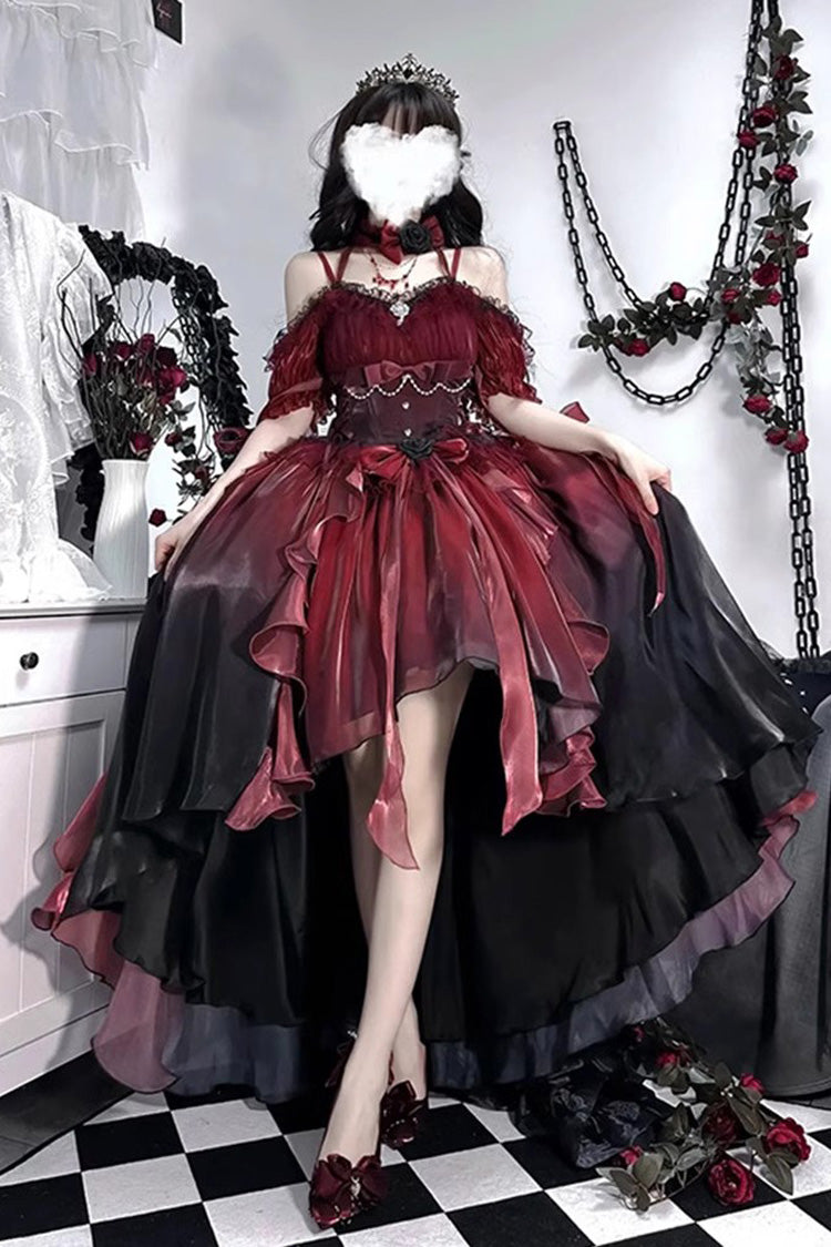 Ddbos Red/Black Bowknot Irregular Gothic Princess Lolita Jsk Dress