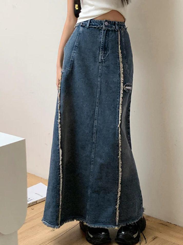 Ddbos - Vintage Raw Edge Splice Slit A Line Maxi Skirt