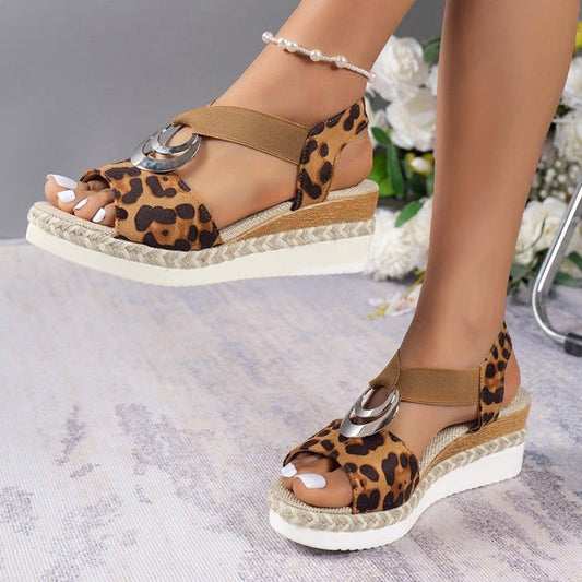 Ddbos Fashion Leopard Print Women's Sandals Metal Decoration Wedges Sandalias Mujer Lightweight Non-Slip Gladiator Shoes Women