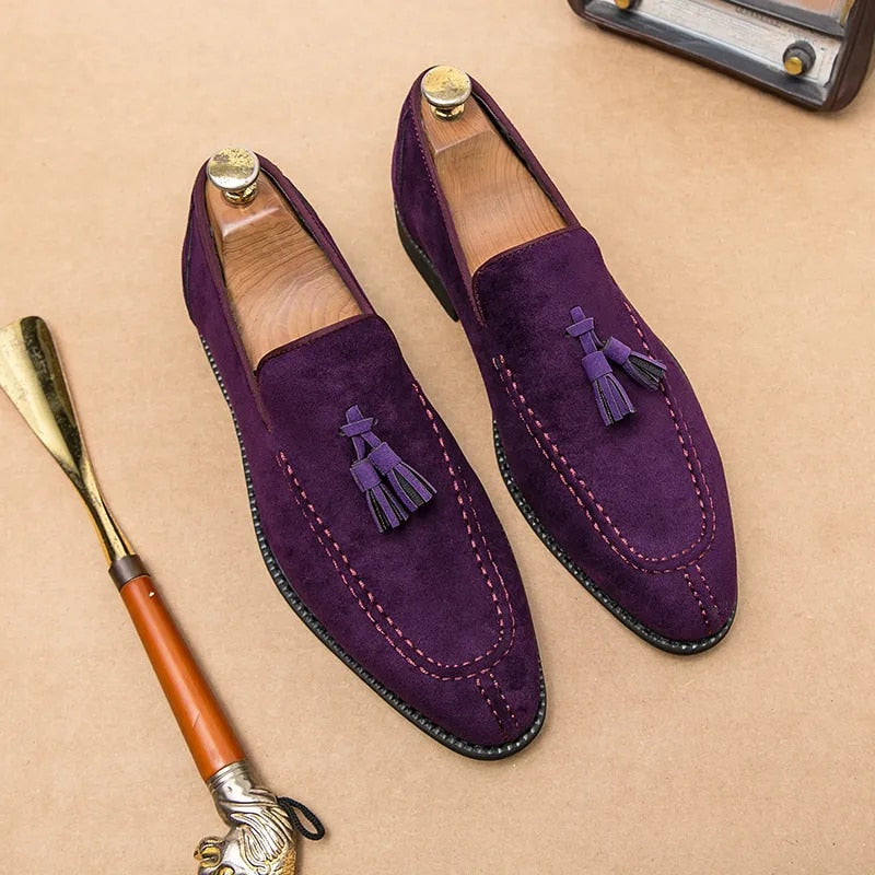 Ddbos Brand Design Men Suede Leather Shoes Moccasins Purple Tassel Pointed Men's Loafers Vintage Slip-on Casual Men Social Dress Shoe