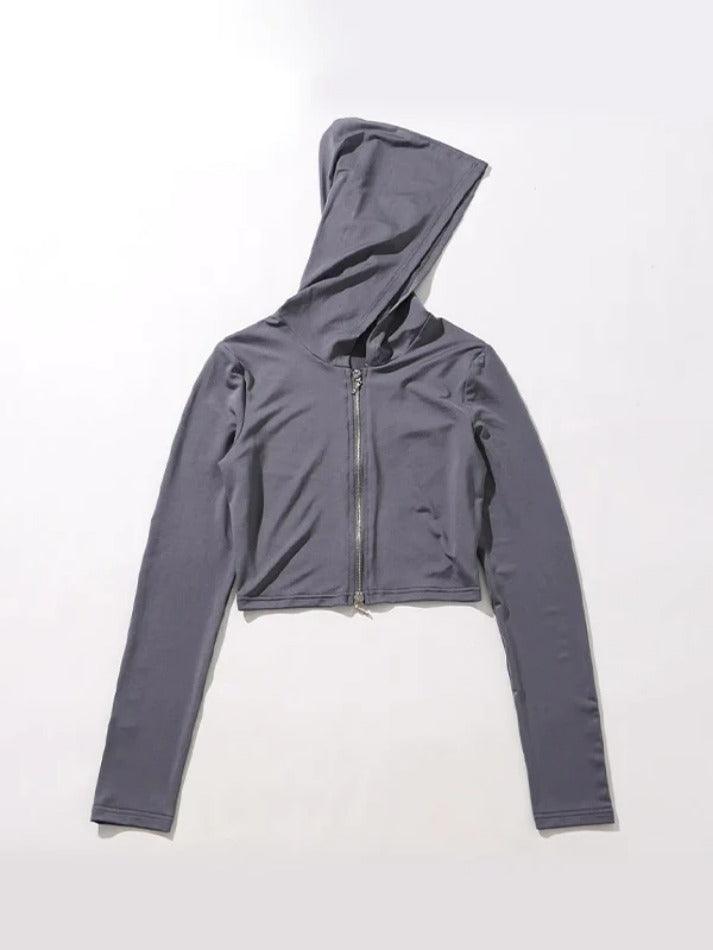 Ddbos - Solid Hooded Zip Up Short Long Sleeve Tee