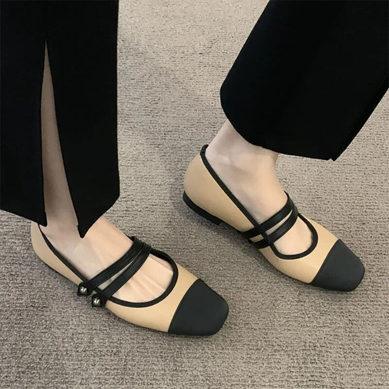 Ddbos New Women's Flats Patchwork Double Buckle Mary Janes Shoes Black Toe Leather Shoes For Female Spring Autumn Zapatos Mujer