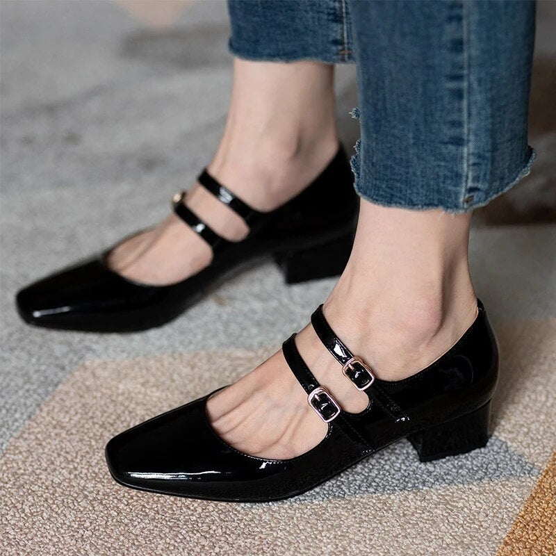 Spring Autumn Women Double Buckle Mary Janes Shoes Patent Leather Dress Shoes High Heels Pumps Retro Ladies Shoe Black Red