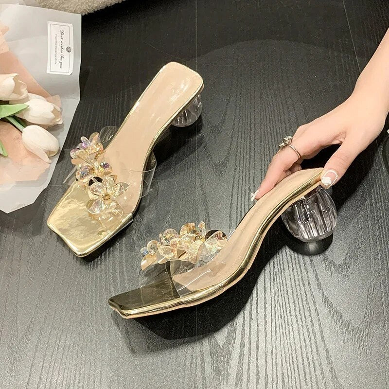 Ddbos Crystal Sandals Elegant Middle Heels Women slippers Summer Shoes Open Toe Sandal Chunky Heels Woman Red Gold Sliver