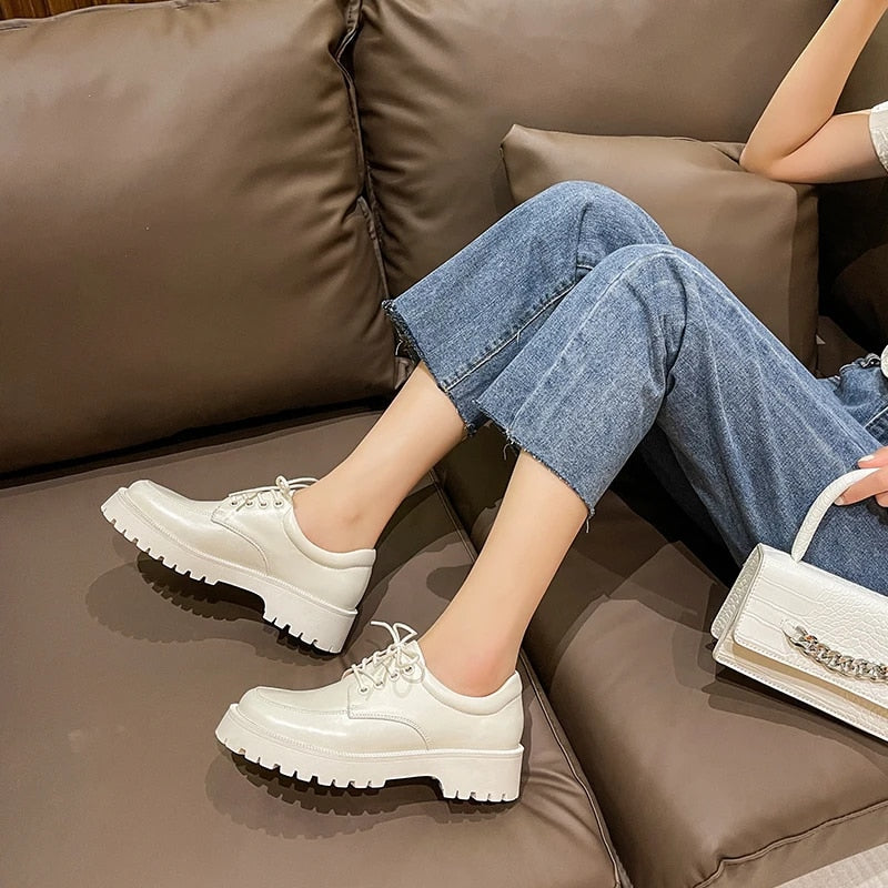 Ddbos Women Shoes Genuine Leather New Spring British style White Women's loafers Round Toe Casual Platform Shoes Women