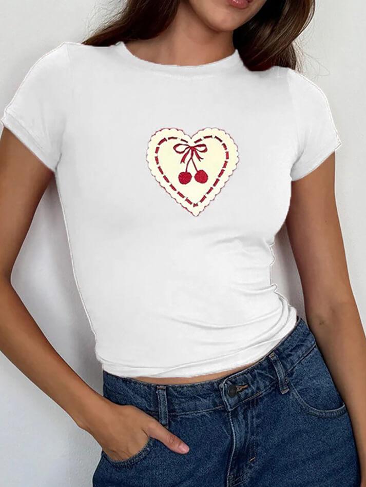 Ddbos - Embroidered Cherry Heart Baby Tee