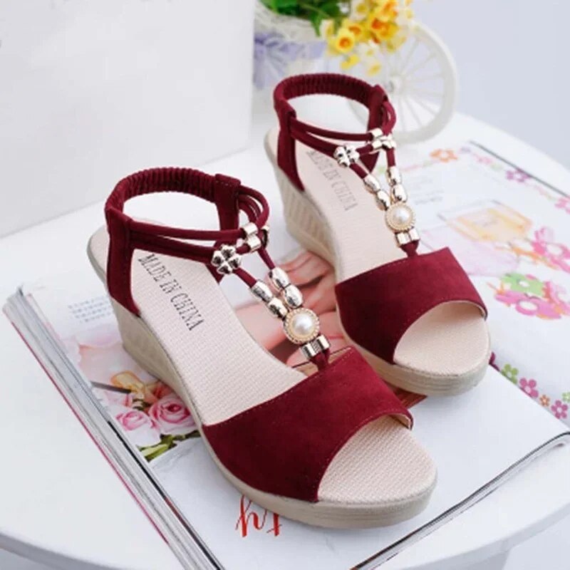 Ddbos Summer Ladies Platform Wedge Sandals with Rhinestone Red Beige Casual Comfortable Slope Heel Open Toe Shoes Women's Luxury