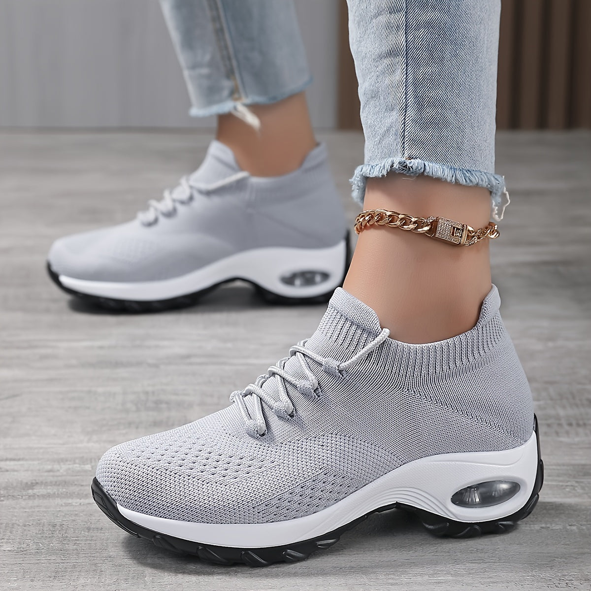 Ddbos Women's Breathable Knit Chunky Sneakers, Casual Lace Up Outdoor Shoes, Comfortable Low Top Sport Shoes plus size