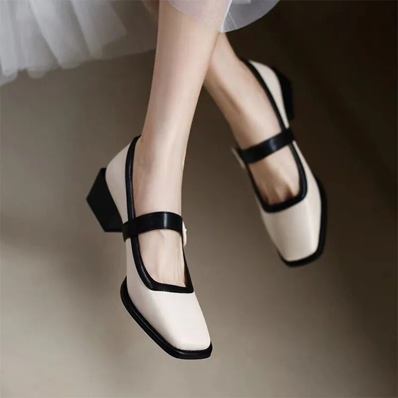 Ddbos New Women's Mary Jane Shoes Patchwork Pumps Square Toe Dress Shoes Mid Heels Elegant Ladies Shoes Round Buckle Designer