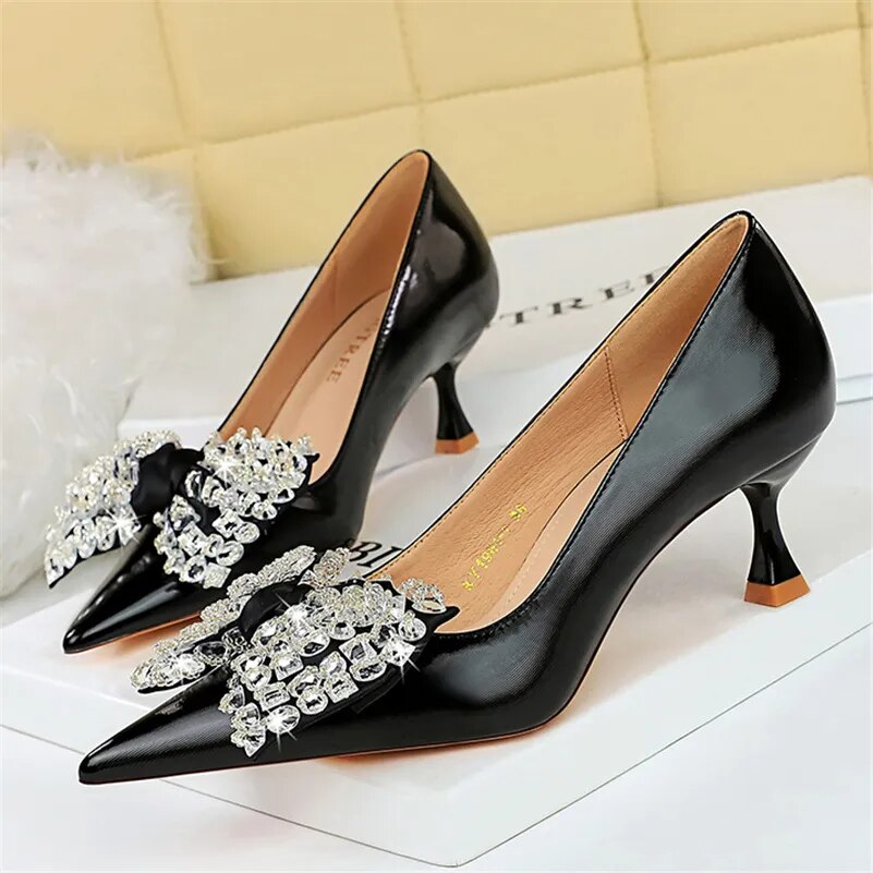 Ddbos Women 5.5cm High Heels Green Pumps Lady Plus Size 34-43 Wedding Middle Low Kitten Heels Bling Crystal Rhinestone Party Bow Shoes