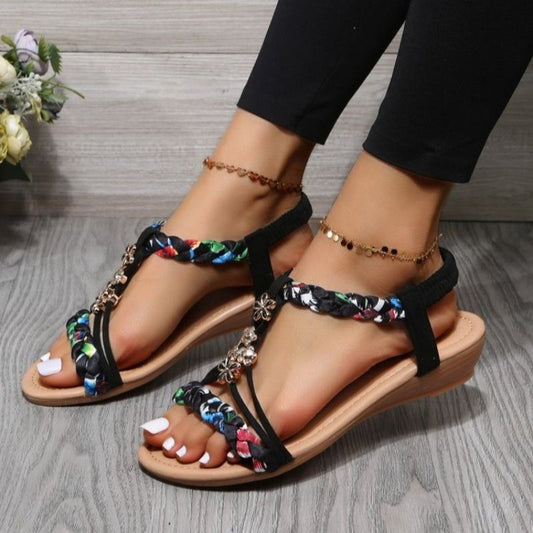 Women Wedges Bohemian Sandals Summer Flower Non Slip Beach Sandalias Mujer Elastic Band Low Heels Roman Shoes Woman