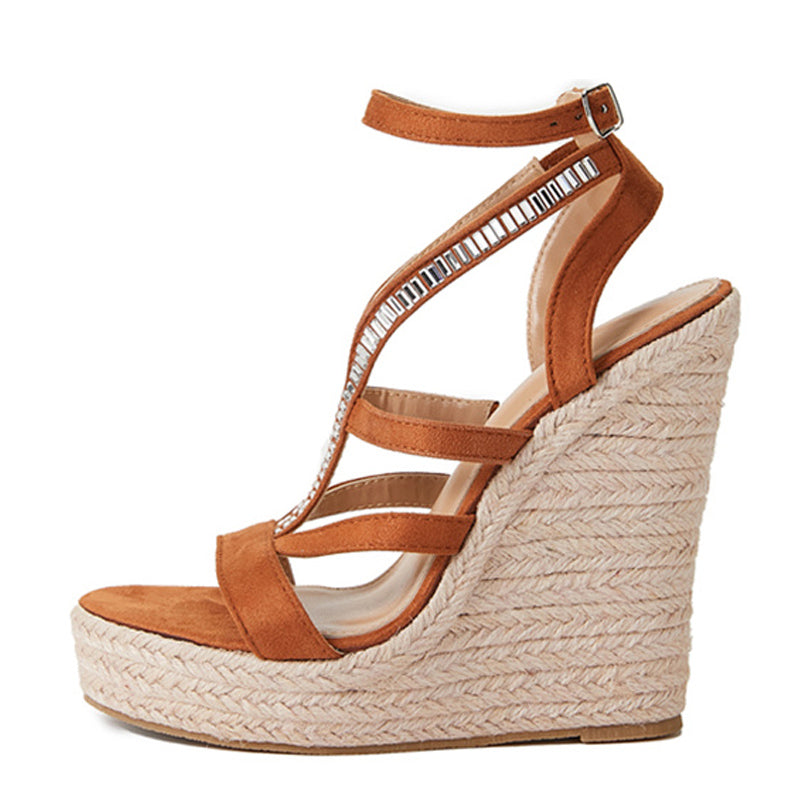 Ddbos Summer Wedge Sandals Women Straw Rope Weave Thick Bottom Platform High Heels Fashion Open Toe Buckle Strap Rhinestone Shoes