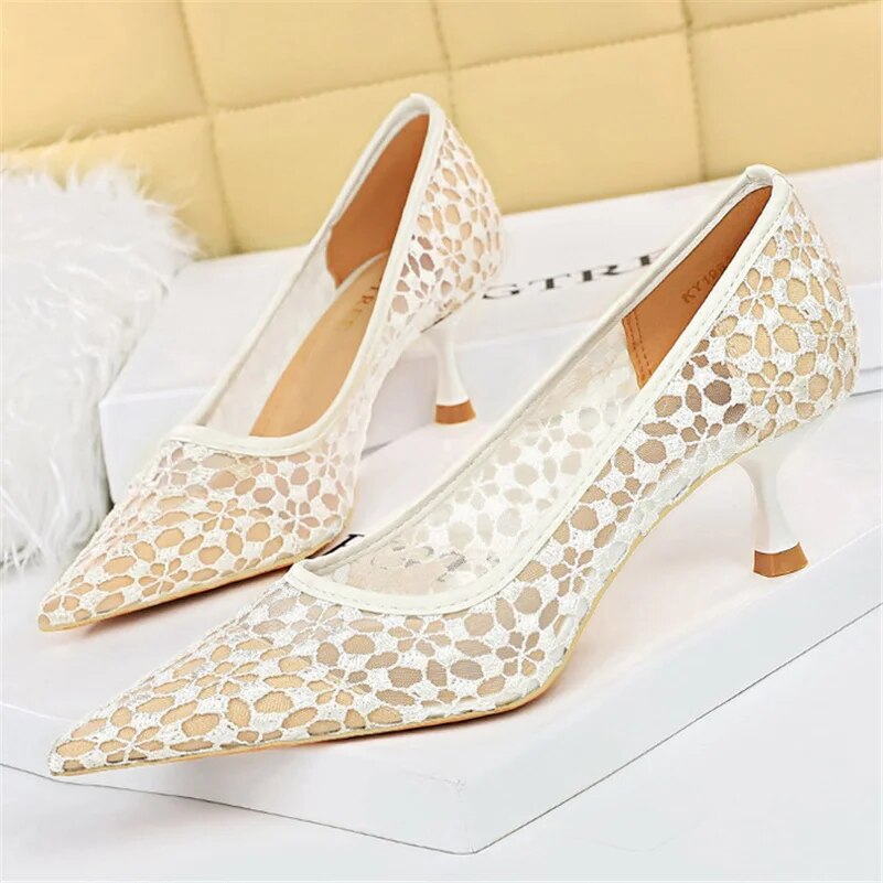 Ddbos Women Fetish 5.5cm High Heels Mesh Pumps Wedding Bridal Sexy Wine Red Low Heels Lady Scarpins Lace Office Party Quality Shoes