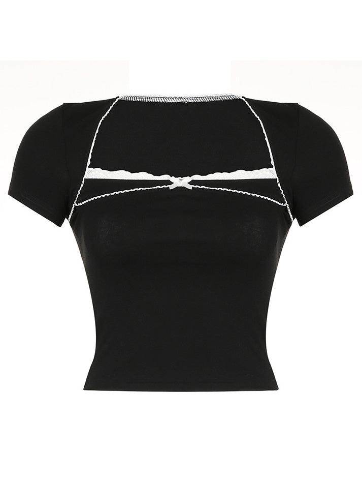 Ddbos - Y2K Gothic Lace Trim Bow Slim Top