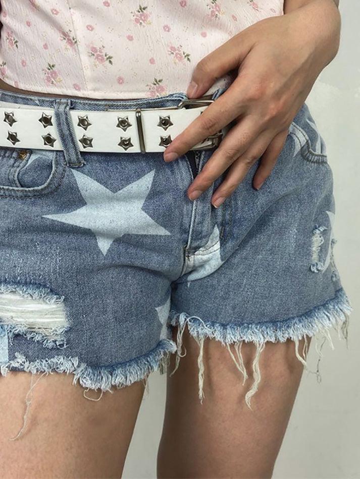 Ddbos - Random Star Print Ripped Low Rise Denim Shorts