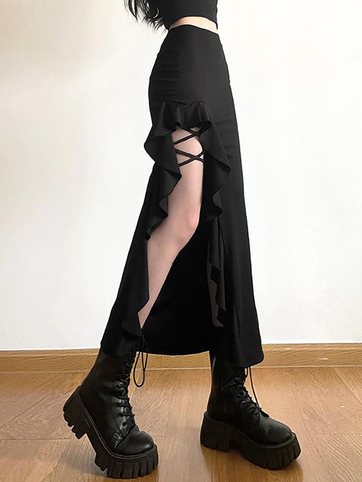 Ddbos - High Waist Irregular Split Goth Skirt