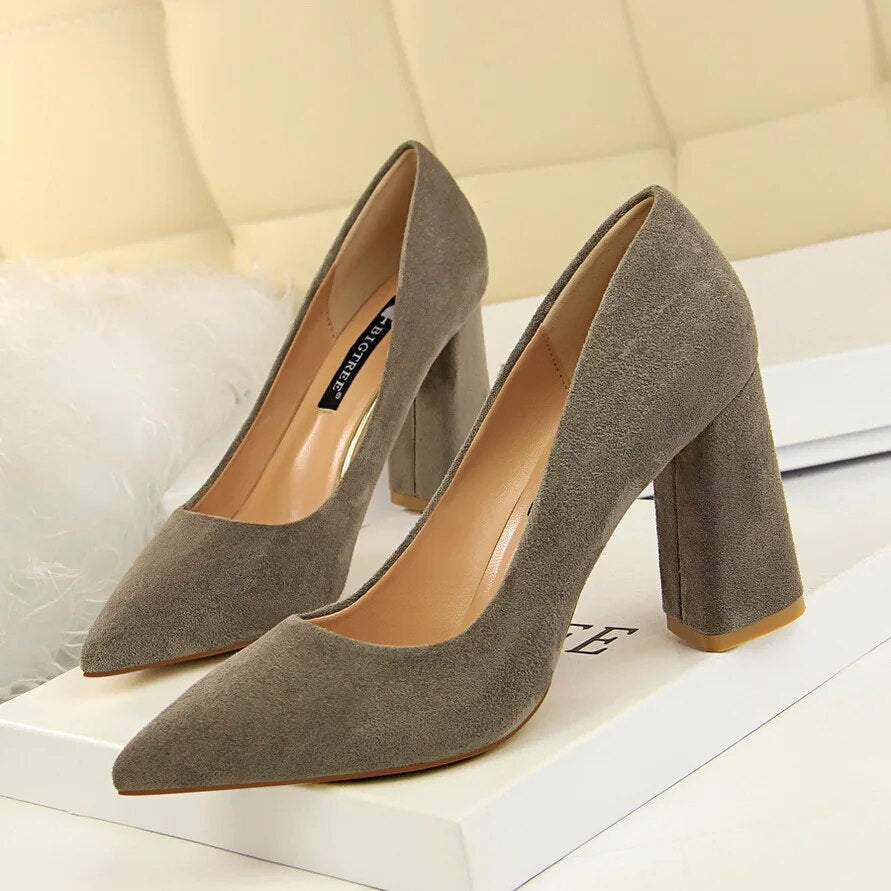 Ddbos Summer Women 8.5cm High Heels Pumps Escarpins Elegant Sweet Lady Wedding Block Square Middle Heels Flock Suede Nightclub Shoes