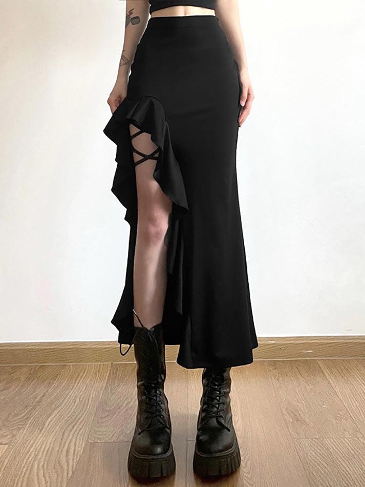 Ddbos - High Waist Irregular Split Goth Skirt