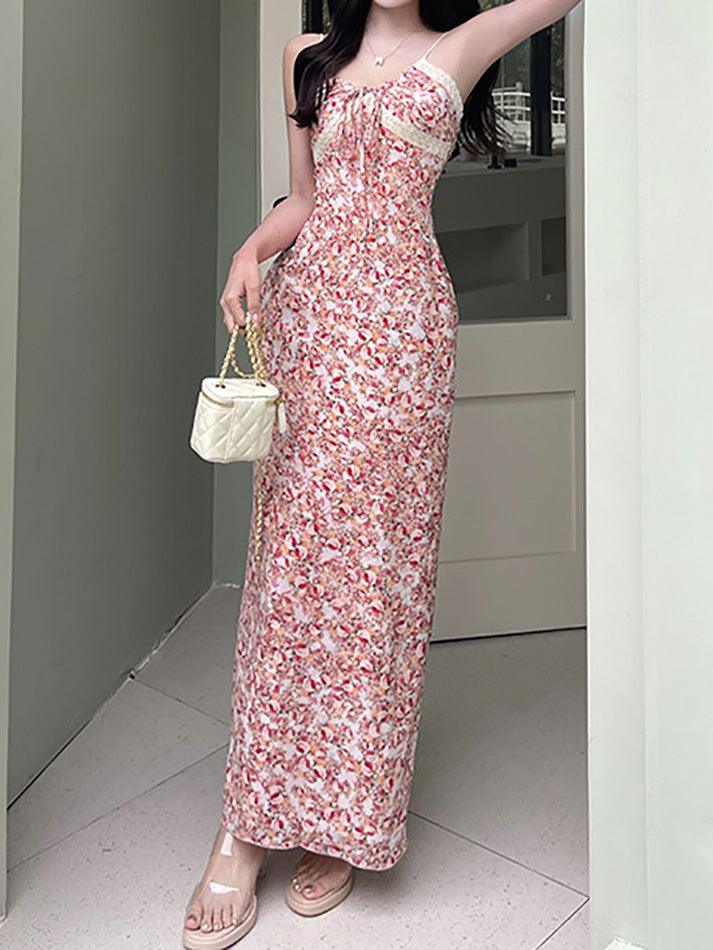 Ddbos - Floral Print Tie Front Maxi A-Line Dress